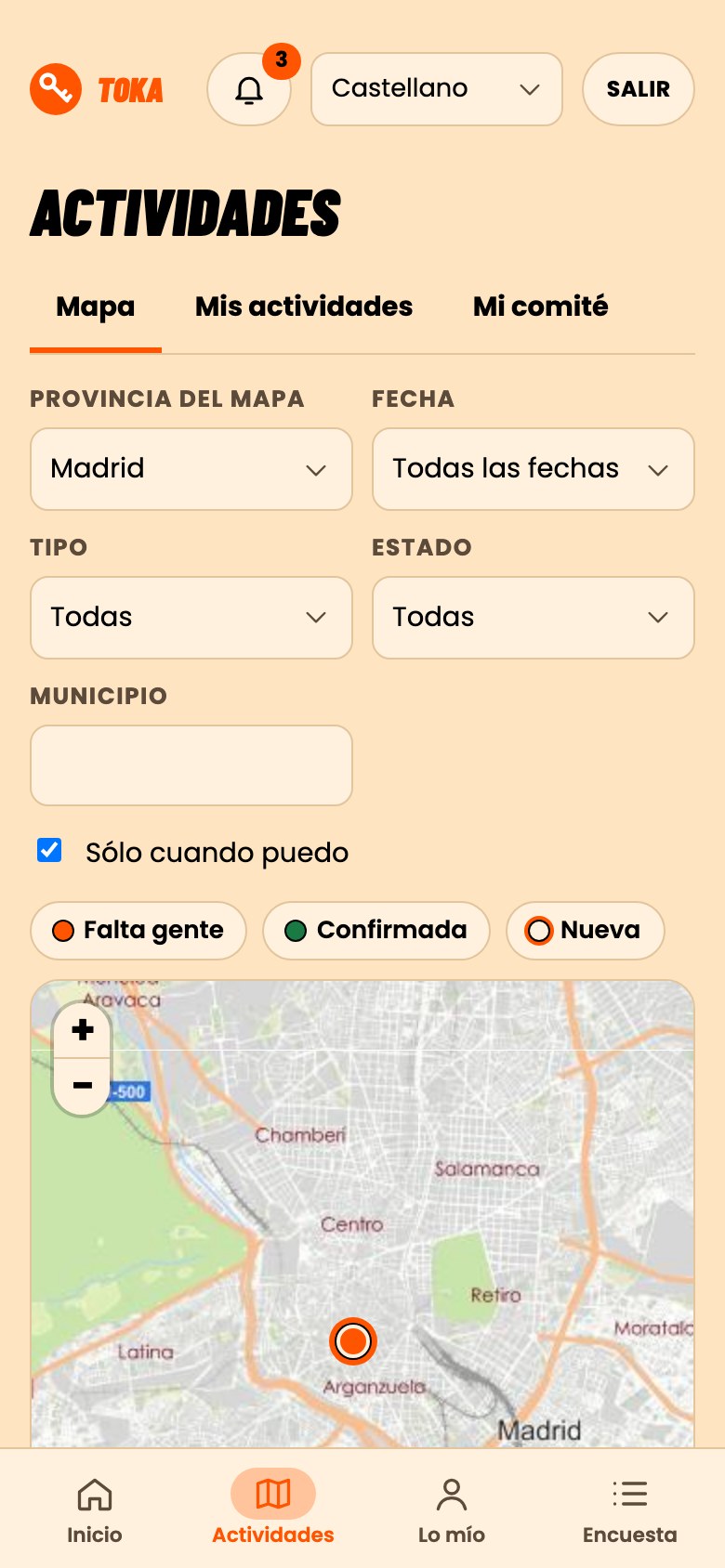 Mapa de actividades de Toka en el móvil