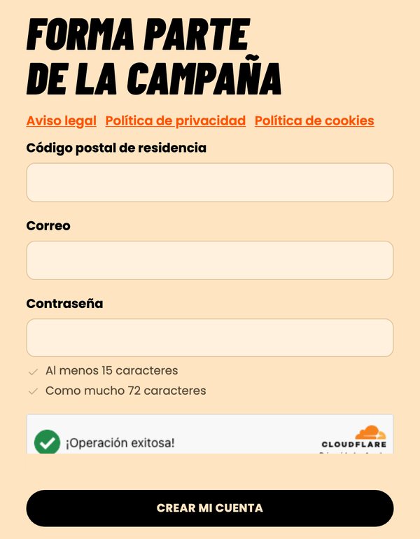 Formulario para crear la cuenta en Toka